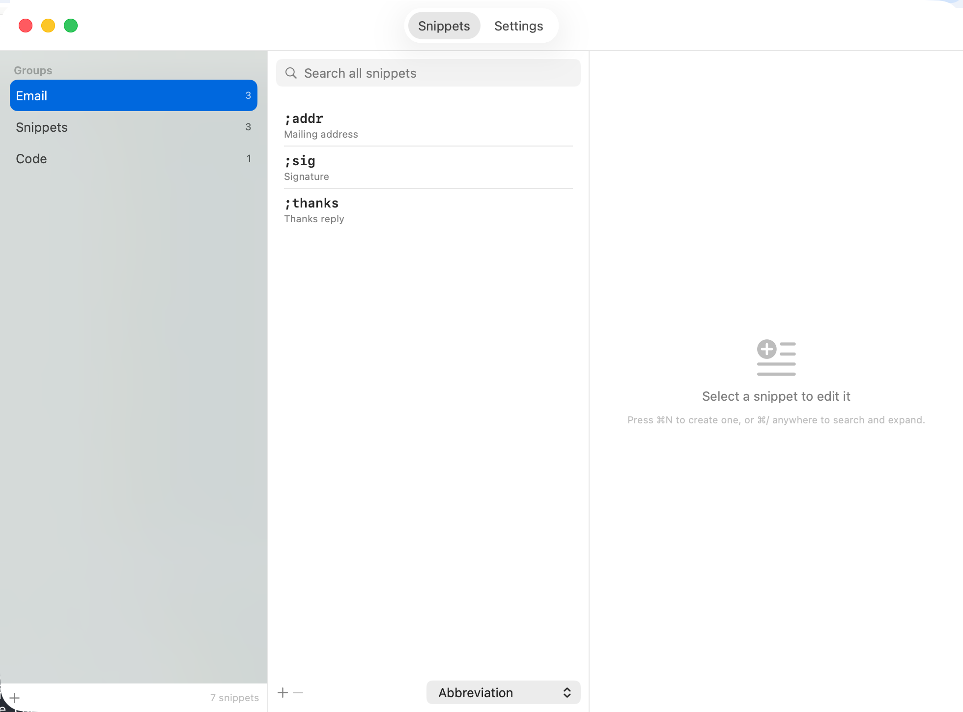 SnipKey snippet library and quick search